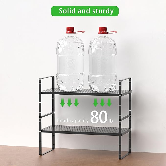 Expandable Cabinet Storage Shelf Stackable Organizer Rack for Kitchen Bathroom Pantry Spice Cupboard Coffee Countertop Home Office Desk Heavy Duty Nonslip Black Large 2 Packs-NeatNest
