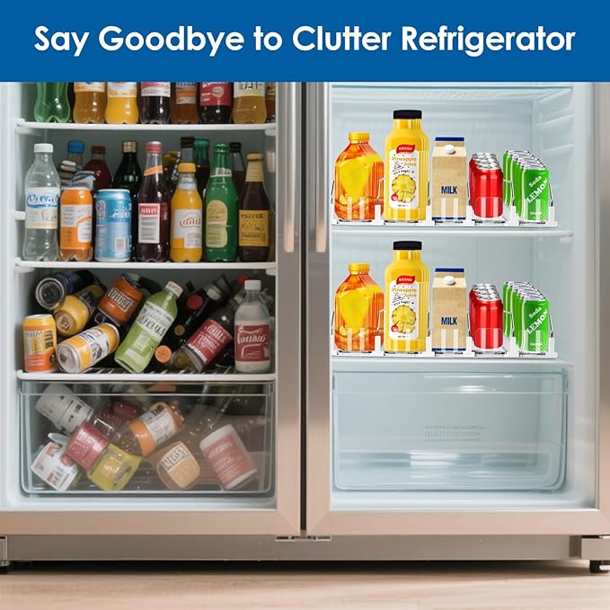 Drink Organizer for Fridge, Adjustable Width Soda Can Dispenser for Refrigerator Organizers and Storage, 5 Rows Beer Bottle Beverage Holder with Pusher Glide (16.54" L, White)