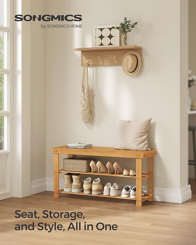 SONGMICS Shoe Rack Bench, 3-Tier Bamboo Shoe Storage Organizer, Entryway Bench, Holds Up to 286 lb, 11.3 x 35.4 x 17.8 Inches, for Entryway Bathroom Bedroom, Natural ULBS90N-NeatNest