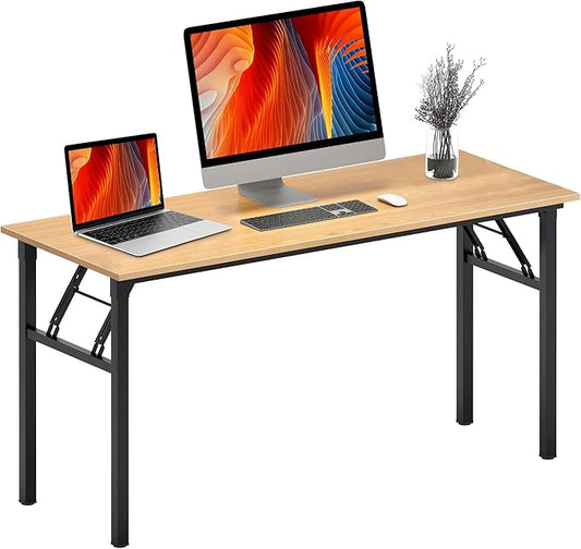 DlandHome Computer Desk, 59.8Inch Office Desk Computer Table, Study Writing Study Desk for Home Office, Teak and Black-NeatNest