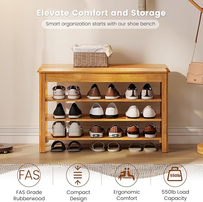 Shoe Rack Bench Seat Rubberwood 3-Tier Wooden Storage Bench 550lbs Compact Mid-Century Modern Design for Entryway, Hallway, Closet, Front Door Entrance, Foyer