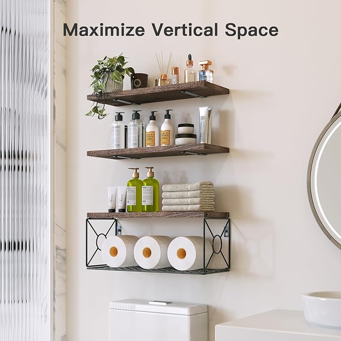 Amada Bathroom Shelves Over Toilet with Storage Basket, Floating Bathroom Wall Shelves for Home Organization & Wall Decor, Bathroom/Kitchen/Living Room Shelves–Rustic Brown-NeatNest
