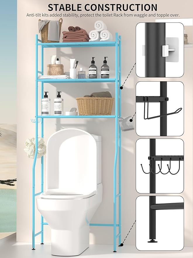 3-Tier Over The Toilet Storage, Space Saver Metal Bathroom Shelves, Freestanding Above Over Toilet Storage Shelf with 4 Hooks for Bathroom, Blue-NeatNest