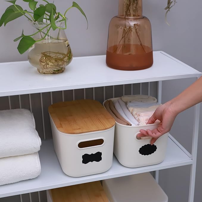 Citylife 2 PCS Storage Bins with Bamboo Lids Plastic Storage Containers for Organizing Stackable Storage Box with Handle, 10.23 x 7.08 x 6.3 inch-NeatNest