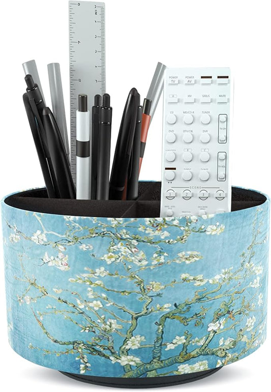 Hennaja Round Leather Art Supply Organizer,Remote Control Holder,360 Degree Rotating,Multi-Functional Pencil Holder,4 Compartments Desktop Stationary Organizer(1-Peach Blossom)-NeatNest