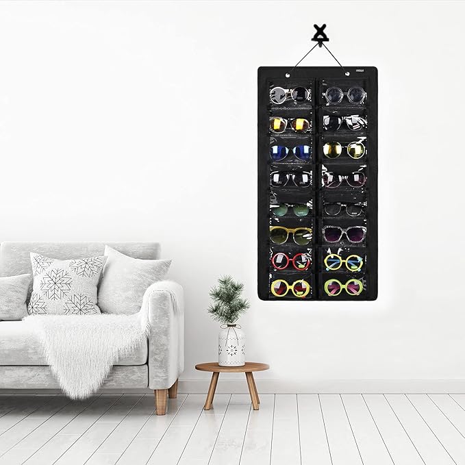 AROUY Sunglasses Organizer Storage, Hanging Dust Proof Wall Pocket Glasses Organizer - 16 Felt Slots Sunglass Organizer Holder with Metal Hook and Sturdy Rope (Black, Dust Proof)-NeatNest