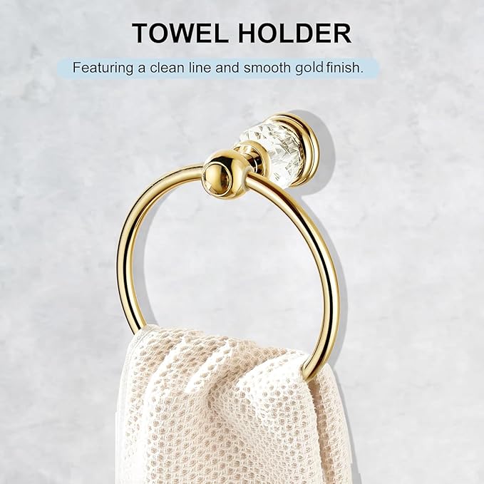 Gold Towel Ring - SUS304 Stainless Steel Wall Mounted Hand Towel Holder for Bathroom - Kitchen & Bathroom Towel Rack - Crystal Towel Hanger - Round Hand Towel Rack