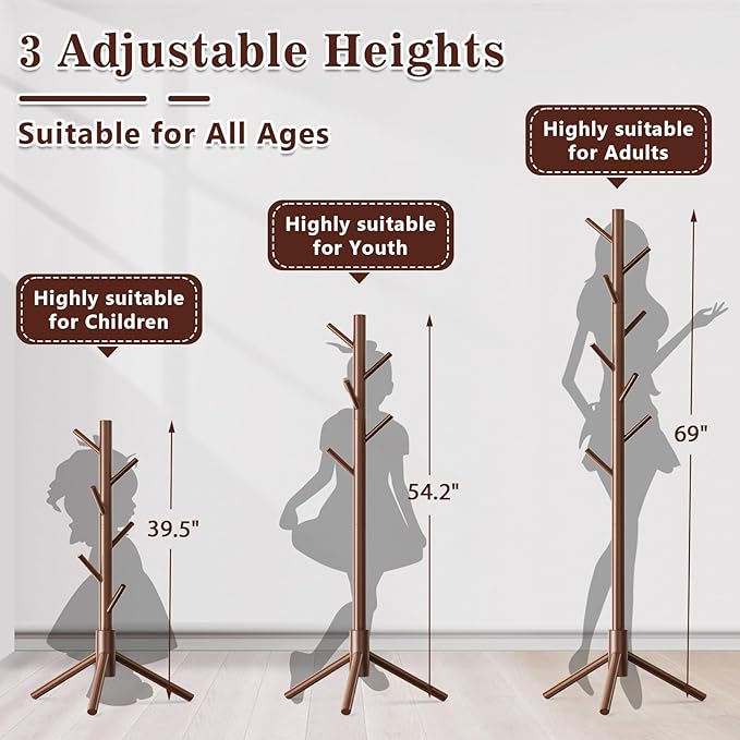 2 Pack Coat Rack, Solid Wood Coat Rack Freestanding with 8 Hooks & 3 Adjustable Heights, Simple Assembly Coat Tree for Hats, Bags, Wooden Coat Hanger Stand for Bedroom, Entryway, Office-NeatNest