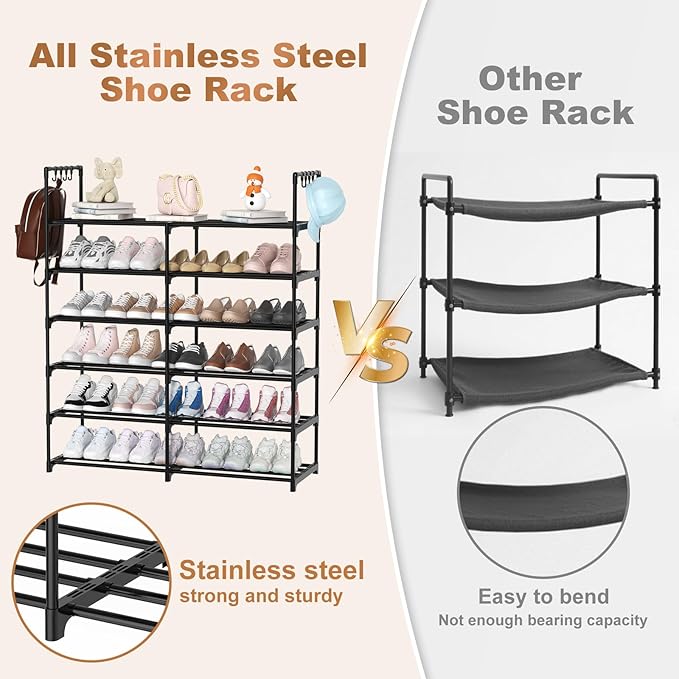 2-Row 6-Tier Shoe Rack, Black Metal Stackable Shoe Shelf with Multifunctional Hooks, Hold 24-30 Pairs, Space Saving Shoes Organizer for Closet,Show Rack-NeatNest