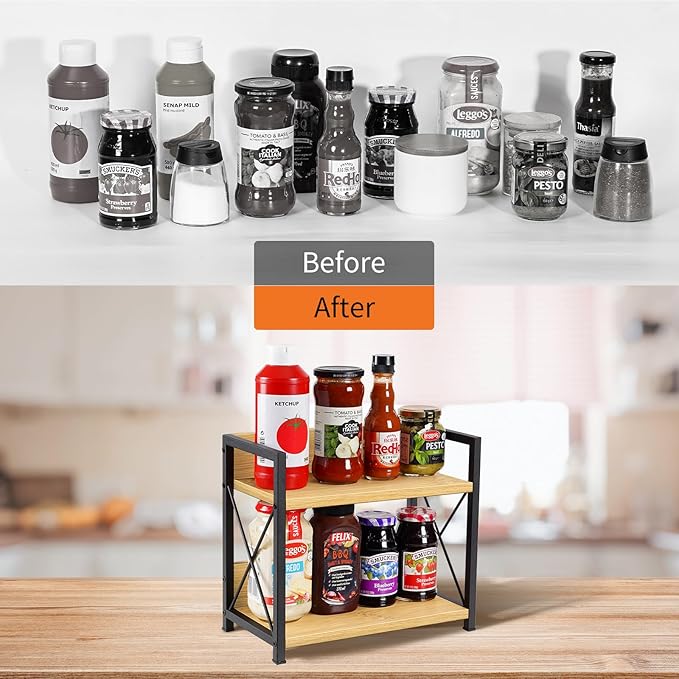 Giikin Countertop Shelf Organizer, 2 Tier Kitchen Spice Rack Organizer for Countertop, Wood Coffee Counter Shelf Organizer for Home (Bamboo, S)-NeatNest