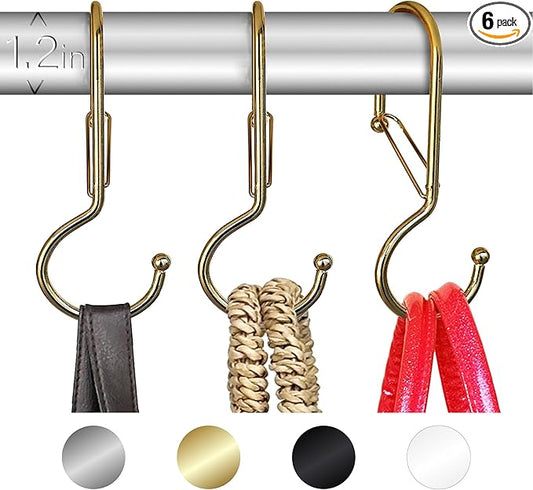 6 Purse Hanger for Closet. Tote Hanger. S-Shaped Hooks S Hooks Twist Design. Anti Drop S-Shaped Hook for Hanging Handbags with Safety Buckle to Prevent Falls. Heavy Duty. (Gold, Twisted)-NeatNest