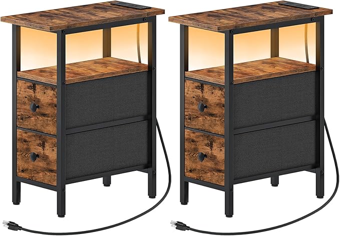 HOOBRO Narrow Side Table Set 2 with LED Light and USB C Port, Night Stand with Charging Station, Skinny End Table with 2 Fabric Drawers, for Bedroom, Living Room, Rustic Brown and Black BF487UDBZP201