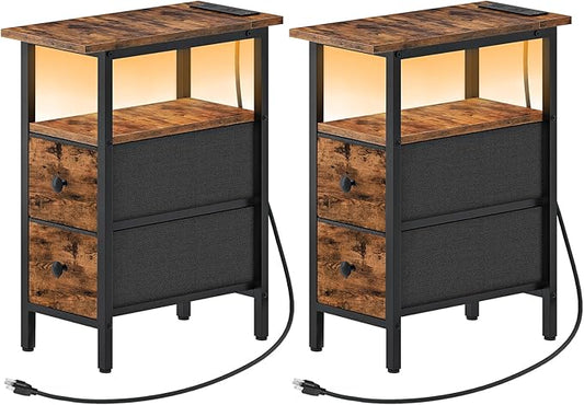 HOOBRO Narrow Side Table Set 2 with LED Light and USB C Port, Night Stand with Charging Station, Skinny End Table with 2 Fabric Drawers, for Bedroom, Living Room, Rustic Brown and Black BF487UDBZP201