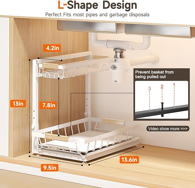 2 Packs Under Sink Organizer, High Adjustable 2 Tier Under Kitchen sink organizer, Multi-Purpose Storage Shelf for Kitchen Bathroom Cabinet, Black (White)-NeatNest