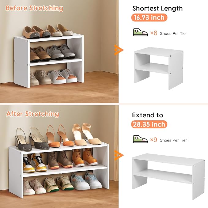 2-Tier Expandable White Shoe Rack Organizer for Closet, Stackable Shoe Rack Storage Shelf, Small Iron Wood Combination Shoe Shelves for Closets,Entryway,Front Door, Narrow Space,Hallway,6-12 Pairs-NeatNest