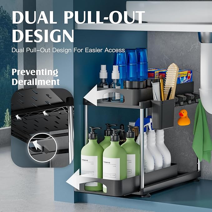2 Pack Under Sink Organizer, 2 Tier Under Sink Organizers and Storage for Kitchen Bathroom, Height Adjustable Cabinet Organizer with Two Slide-Out Drawers,Black-NeatNest