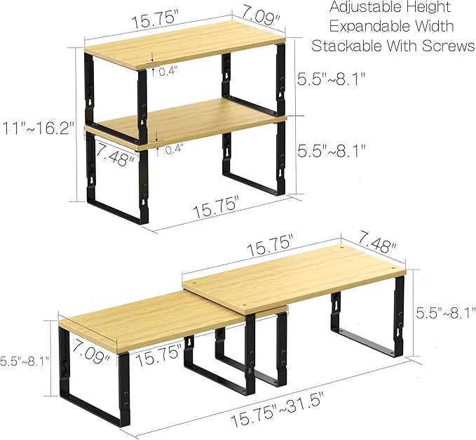 Expandable Kitchen Cabinet Organizer Shelves – Stackable Adjustable Metal and Wood Storage Racks for Countertop, Pantry, Garage Set of 2 Spice Rack – Easy Assembly, Space-Saving(1 Pack/Large/Black)-NeatNest
