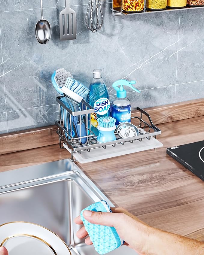 Consumest Sink Caddy, Kitchen Sponge Holder with Dish Brush Holder, Kitchen Sink Organizer with Drip Tray for Countertop Stainless Steel Rustproof, Silver-Large-NeatNest