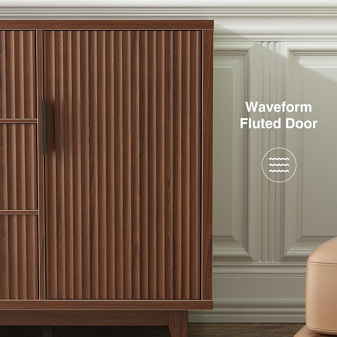 47.2" W Storage Cabinet with 3 Drawers, Fluted Buffet Cabinet with Storage, Large Sideboard with 2 Door, Modern Mid Century TV Stand Coffee Bar Cabinets for Living Room, Kitchen, Entryway