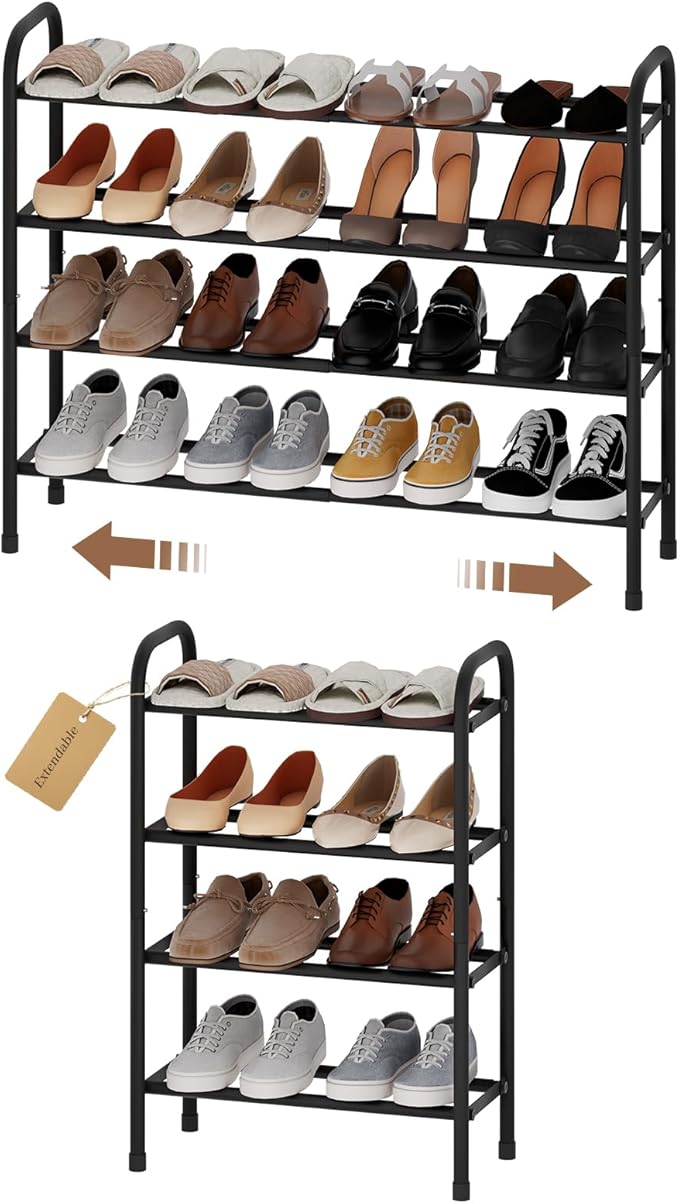 Expandable Shoe Rack, Adjustable Shoes Organizer Metal, Space-Saving Storage Shelf for Closet, Entryway, Front Door & Hallway,Sturdy and Easy Assembly (Black, 4-Tier)