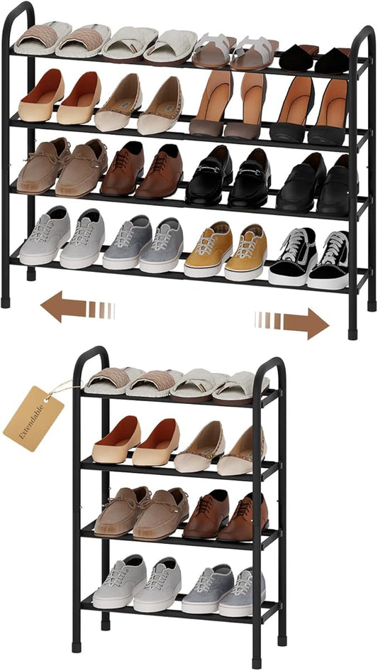 Expandable Shoe Rack, Adjustable Shoes Organizer Metal, Space-Saving Storage Shelf for Closet, Entryway, Front Door & Hallway,Sturdy and Easy Assembly (Black, 4-Tier)