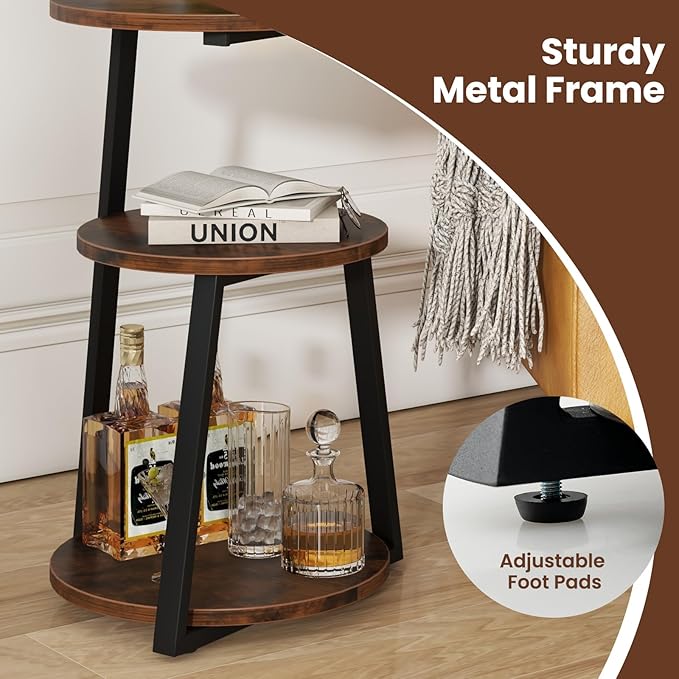 Giantex Round End Table, Industrial Side Table with Sturdy Metal Frame, Coffee Table, 3-Tier Bedside Table for Bedroom, Living Room, Couch, Accent Table for Small Spaces, Rustic Brown (1)
