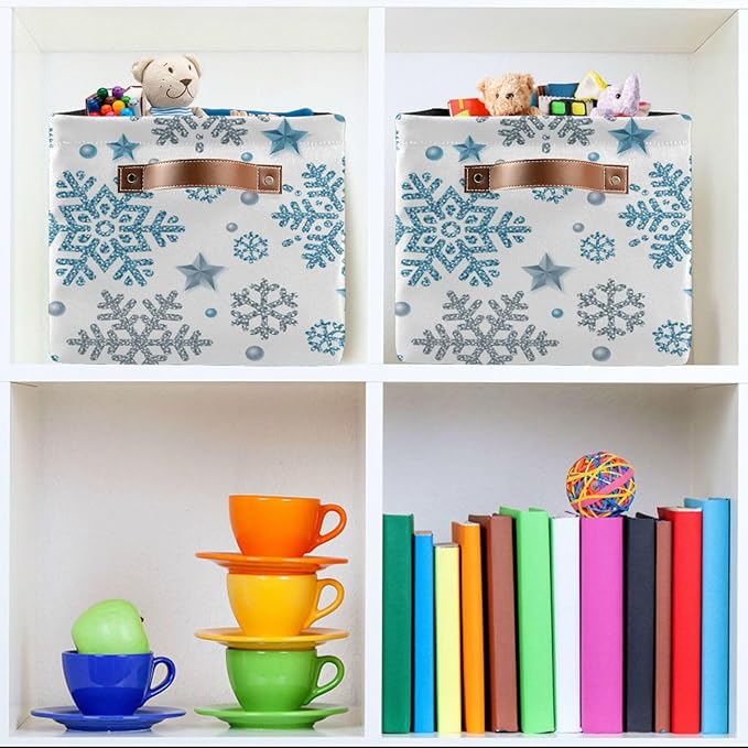 Bolaz Christmas Snowflake Storage Basket,Blue White Snowflakes Large Storage Bin Fabric Collapsible Organizer Bag with Handles 15x11x9.5 inch-NeatNest