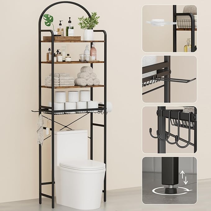 Homhedy 4-Tier Over The Toilet Storage with 4 Hooks and Paper Holder, Space Saving, Bathroom Organizer with Adjustable Feet, Metal Frame and Wooden Shelf,Rustic Brown and Black