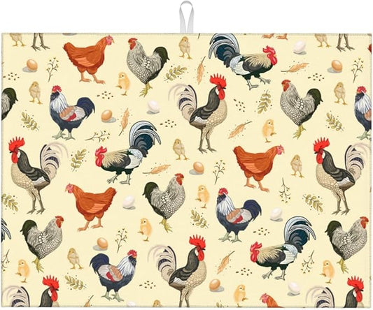 Chicken Dish Drying Mat for Kitchen Counter Cute Kitchen Mat Microfiber Kitchen Countertop Absorbent Reversible Drainer Rack Pad Dish Drying Mat 18 x 24 Inch-NeatNest