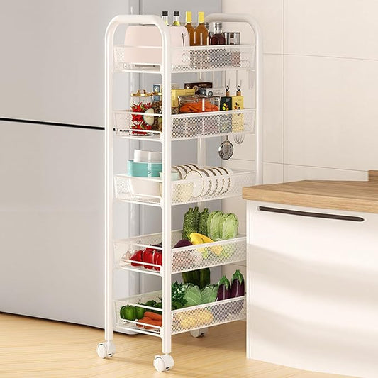3/4/5 Tier Fruit Vegetable Basket, Stackable Metal Mesh Storage Basket with 360 Degree Wheels, Fruit Vegetable Produce Basket Storage Organizer for Kitchen, Pantry, Bathroom White 5-Layers