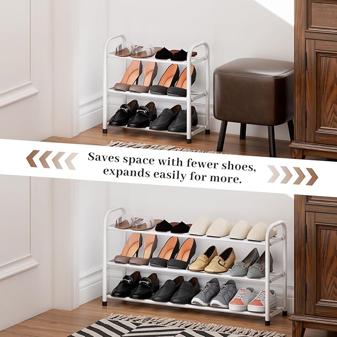 Expandable Shoe Rack, Adjustable Shoes Organizer Metal, Space-Saving Storage Shelf for Closet, Entryway, Front Door & Hallway,Sturdy and Easy Assembly (White, 3-Tier)