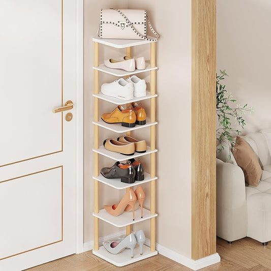 LUCKNOCK Vertical Shoe Rack, 8-Tier Tall Narrow Shoe Organizer for Entryway, Closet, Dorm & Small Spaces, Freestanding White Wooden Shoe Shelf Tower for Boots, Sneakers, Heels.-NeatNest