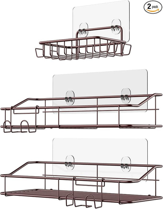 Nieifi Shower Caddy Shelf with Hooks Storage Rack Organizer Adhesive Stainless Steel without Drilling for Bathroom, Lavatory, Washroom, Restroom, Shower, Toilet, Kitchen (Brown, 3 Pack)-NeatNest