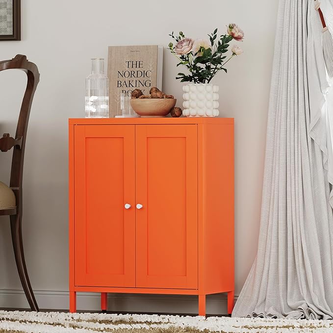 Coffee Bar Cabinet, Metal Sideboard Buffet Cabinet,Metal Storage Cabinet with 2 Doors and Adjustable Shelves for Kitchen Dining Room Living Room, Entryway,Office (Orange, 31.5" H)-NeatNest