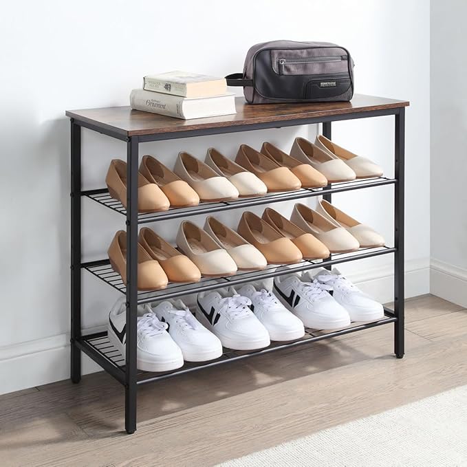 4-Tier Shoe Rack Organizer, Metal Mesh Shoe Storage Shelf, for Entryway, Hallway, Closet, Dorm Room, Industrial, Rustic Brown-NeatNest