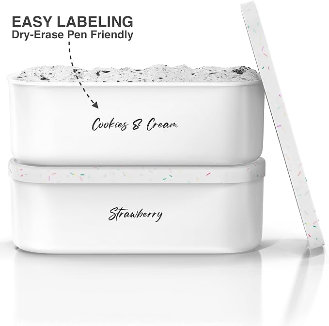 BALCI Ice Cream Containers - 2 Quart Ea. (Set of 2) - Premium Reusable Freezer Storage for Homemade Ice Cream Tub for Sorbet, Frozen Yogurt - Flexible Silicone Lids, Long Scoop - White With Sprinkles