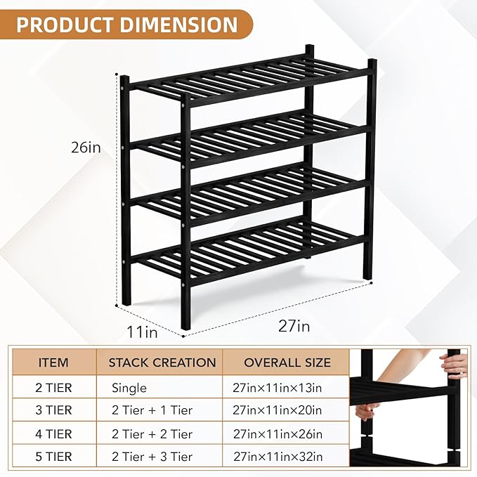 4 Tier Bamboo Shoe Rack Storage Organizer for Closet, Multifunctional Stackable Free Standing Shoe Shelf Organizer for Small Space,Entryway, Hallway, Bathroom27 x11 x26(Black, 4 Tier)-NeatNest