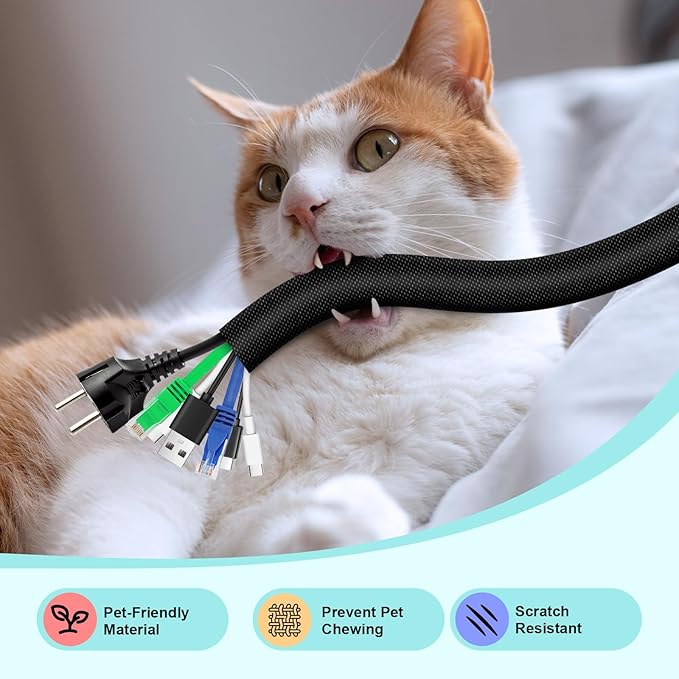 AGPTEK Cable Sleeve Cover, 10ft - 1.2 inch Dog Cat Cord Protector Management, Protect Cables from Pets Chewing, for Home Desk Automotive Wire Loom Tubing Cord Protection Self-Wrapping, Black