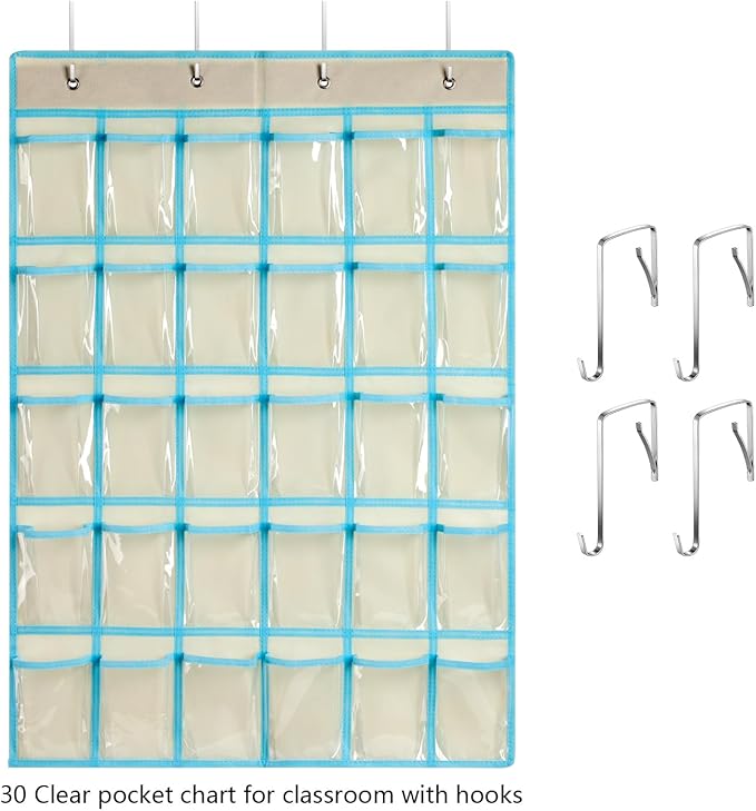 KEEPJOY Classroom Pocket Charts for Cell Phone Calculator Holders, Pocket Organizer for Cell phone Jail with 30 Clear Pockets chart Size 33.5 x 24.5 Inch Classroom Pocket Storage (Beige-30pockets)-NeatNest