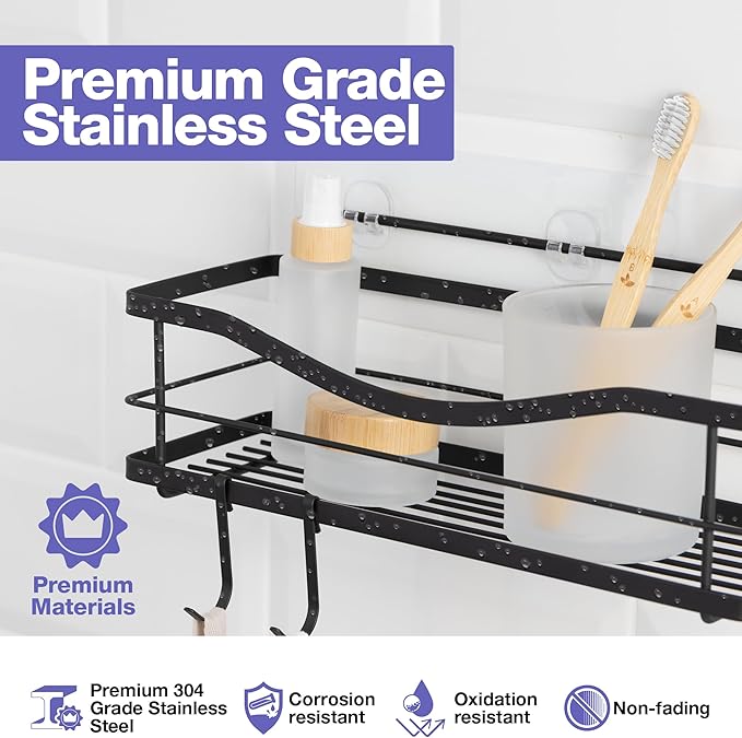 KINCMAX Premium Shower Caddy - Adhesive Bathroom Shower Organizer and Storage w/ 4 Hooks, No Drill Shower Shelves for Inside Shower, Rustproof Stainless Steel Shower Rack, Accessories Holder, Black