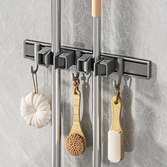Broom Holder Wall Mount Movable Hooks and Clips Mop and Broom Hanger Wall Mounted Aluminum Garage Tool Organizer Storage adhesive (30cm, Grey)-NeatNest