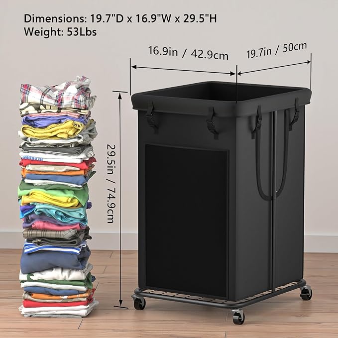 150L Large Laundry Hampers, Oxford Fabric Laundry Hampers Clothes Hampers, Metal Frame and Removable Bag Design with Wheels, Suitable for Bedroom, Bathroom, Dorm Room, Laundry Room (Black)