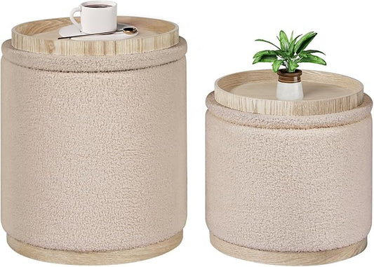 B FSOBEIIALEO Storage Ottoman Round Boucle Ottomans with Tray, Set of 2 Teddy Foot Rest Ottoman Cube with Storage for Living Room , Apricot 15"x15"x16.9"