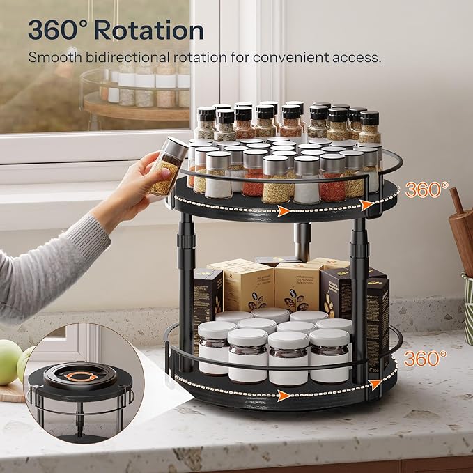 HOOBRO Lazy Susan Organizer Spice Rack, 2-Tier Height Adjustable Rotating Lazy Turntable Spice Organizer, for Kitchen Countertop and Cabinet, Black BB05TL01-NeatNest