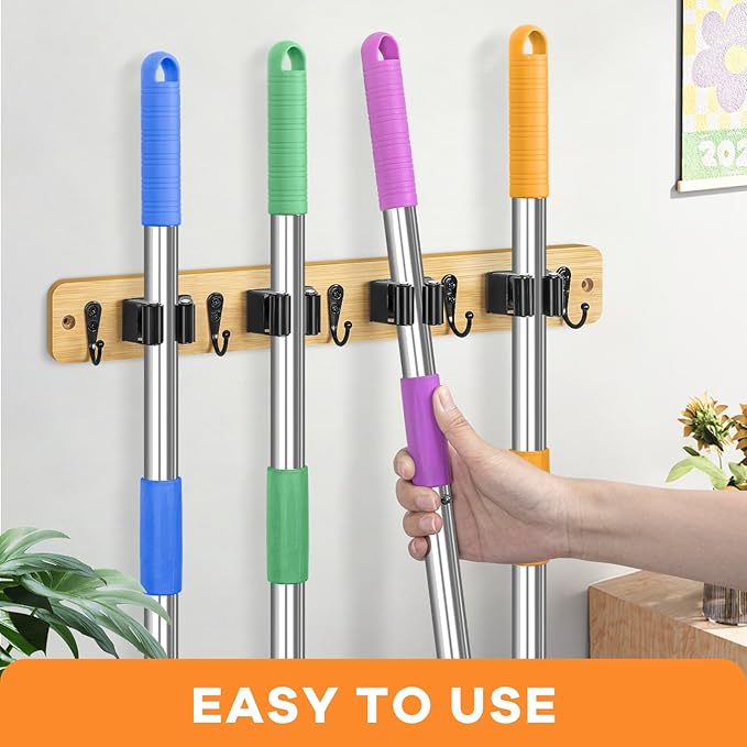 IMILLET Broom Holder Wall Mount, Bamboo Broom Hanger with 4 Racks 5 Hooks, Mop and Broom Holder Wall Mount Self Adhesive, Home Organization and Storage for Laundry Room, Closet, Utility Room (1 Pack)-NeatNest