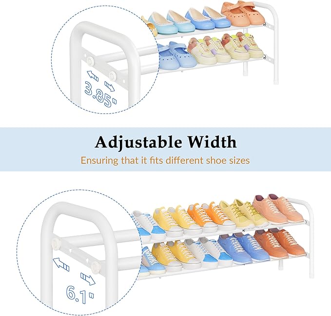 Shoe Rack 2 Tier,41.53'' Adjustable Metal Shoe Organizer for Closet, Bedroom, Entryway,Holds Up to 12 Pairs Shoes,Expandable,White-NeatNest