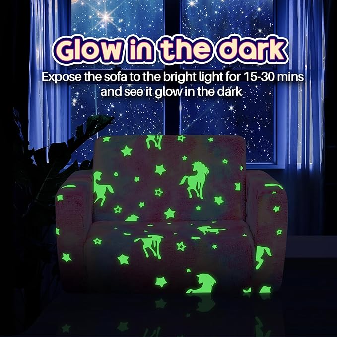 ALIMORDEN 2-in-1 Flip Out Cuddly Sherpa Toddler Couch, Convertible Sofa to Lounger,Glow-in-The-Dark Unicorn Pattern-NeatNest