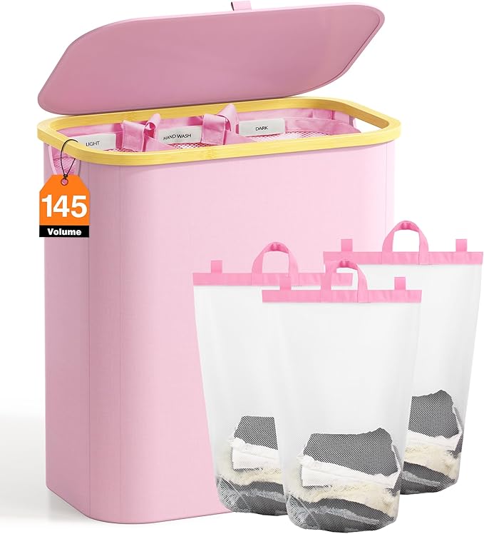 Hampers for Laundry Basket with Lid, 145L Extra Large 3 Section Clothes Divided Organizer for Bedroom, Laundry Room, Dirty Clothing Hamper, Pink-NeatNest