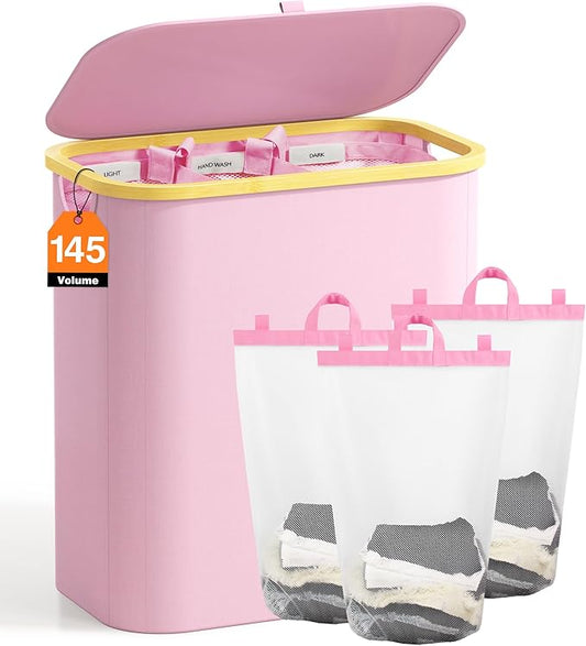 Hampers for Laundry Basket with Lid, 145L Extra Large 3 Section Clothes Divided Organizer for Bedroom, Laundry Room, Dirty Clothing Hamper, Pink-NeatNest