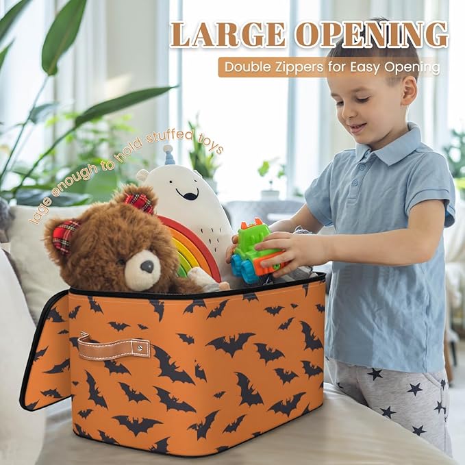 Halloween Bat Storage Bins with Lids, Black Orange Fabric Storage Boxes with Zipper, Collapsible Decorative Closet Organizer Cube for Clothes,Organizing, Shelves-NeatNest
